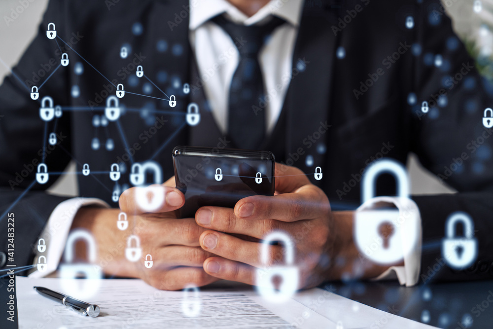 Poster a businessman in formal wear reading the contract to prevent probability of risks in cyber security 