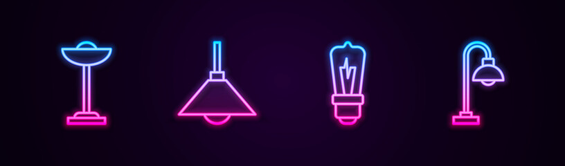 Set line Floor lamp, Lamp hanging, Light bulb and . Glowing neon icon. Vector.