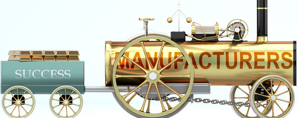 Manufacturers and success - symbolized by a steam car pulling a success wagon loaded with gold bars to show that Manufacturers is essential for prosperity and success in life, 3d illustration