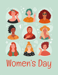 Women's Day greeting card. Vector illustration of diverse multi ethnic cartoon women portraits in modern flat style. Isolated on light blue background with abstract doodle elements 