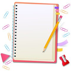 Side view planner for writing notes. Blank notebook with stationery notebook, paper clips, pencil, eraser, sharpener. Vector illustration