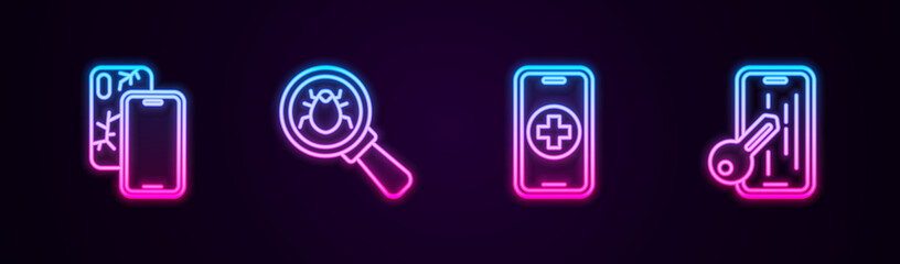 Set line Mobile with broken screen, System bug, Phone repair service and Glass protector. Glowing neon icon. Vector.