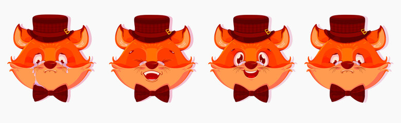 Cartoon fox avatars with different emotions, isolated on white background. Emotions of a fox smile, cry, surprise, anger and sweetness. Vector illustration