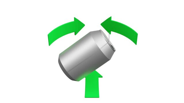  Video. Animazione. Ecologia. Simbolo di riciclaggio ruota attorno ad una lattina di metallo..