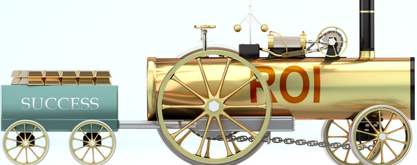 Roi and success - symbolized by a retro steam car with word Roi pulling a success wagon loaded with gold bars to show that Roi is essential for prosperity and success in life, 3d illustration