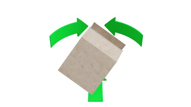 Video. Animazione. Ecologia. Riciclaggio. Simbolo di riciclaggio ruota attorno ad uno scatolone di cartone, carta..