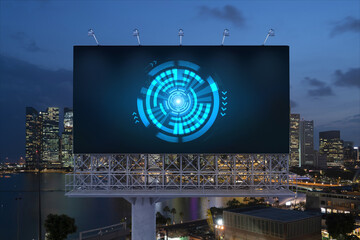 Information flow hologram on road billboard, night panorama city view of Singapore. The largest technological center in Southeast Asia. The concept of programming science.