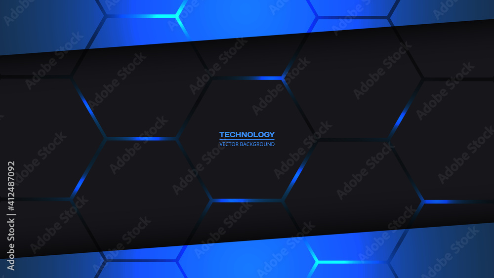 Poster dark gray and blue hexagonal technology vector abstract background. blue bright energy flashes under