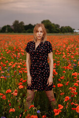 girl in a black dress in a field of poppies