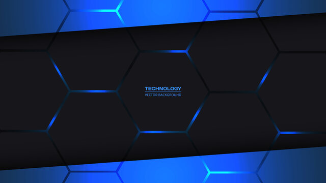 Dark gray and blue hexagonal technology vector abstract background. Blue bright energy flashes under hexagon in technology dark gray honeycomb texture grid. Ratio 1920x1080, vector illustration.