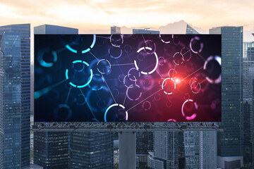 Glowing hologram of technological process on billboard, aerial panoramic cityscape of Singapore at...