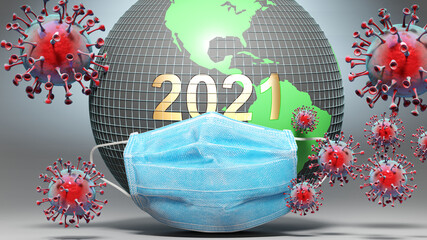 2021 and covid - Earth globe protected with a blue mask against attacking corona viruses to show the relation between 2021 and current events, 3d illustration