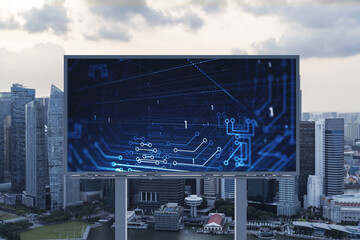 Glowing hologram of technological process on billboard, aerial panoramic cityscape of Singapore at...