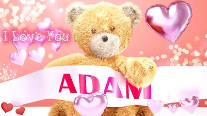 I love you Adam - cute and sweet teddy bear on a wedding, Valentine's or just to say I love you pink celebration card, joyful, happy party style with glitter and red and pink hearts, 3d illustration