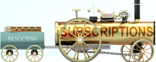 Subscriptions and success - symbolized by a steam car pulling a success wagon loaded with gold bars to show that Subscriptions is essential for prosperity and success in life, 3d illustration