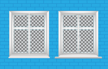 vector set of white window. inside and outside view on a brick wall. with a window sill and a cornice.