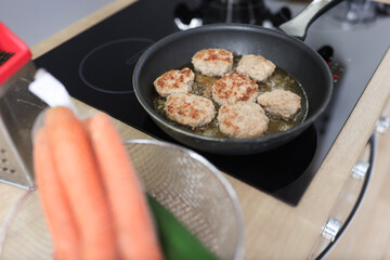 In kitchen, cutlets are fried in frying pan. Home cooking concept