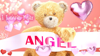 I love you Angel - cute and sweet teddy bear on a wedding, Valentine's or just to say I love you pink celebration card, joyful, happy party style with glitter and red and pink hearts, 3d illustration