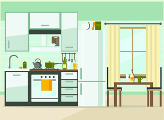 kitchen interior with furniture and equipment , flat vector illustration
