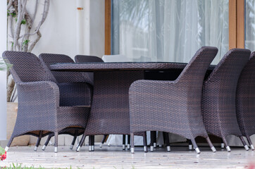 Furniture in a restaurant on the coast of Pefkochori, Greece 