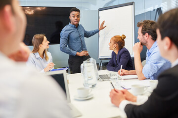 Business man giving presentation on flipchart