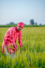 Young indian farmer standing at green wheat field on sky background