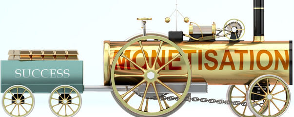 Monetisation and success - symbolized by a steam car pulling a success wagon loaded with gold bars to show that Monetisation is essential for prosperity and success in life, 3d illustration