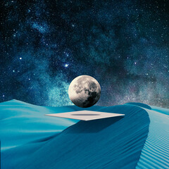 Planet levitating above the blue mountains. Collage with cosmos and astronomy theme. Negative space...