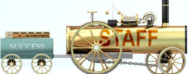 Staff and success - symbolized by a retro steam car with word Staff pulling a success wagon loaded with gold bars to show that Staff is essential for prosperity and success in life, 3d illustration