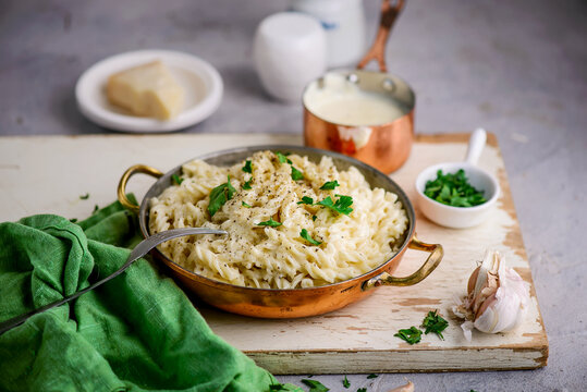 Alfredo Pasta Sauce With Garlic And Parmesan .selective Focus