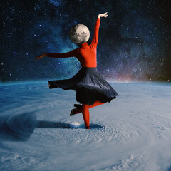 Woman dancing in outer space headed by planet. Collage with cosmos and astronomy theme. Negative space to insert your text. Modern design. Contemporary colorful and conceptual bright art collage.
