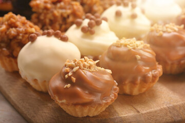 Catering sweets, closeup of various kinds of cakes on event or wedding reception