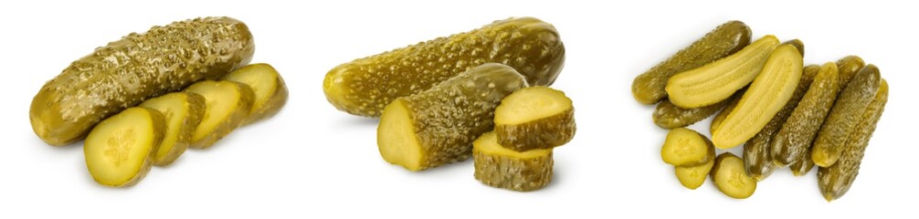 Marinated pickled cucumber isolated on white background with full depth of field. Set or collection
