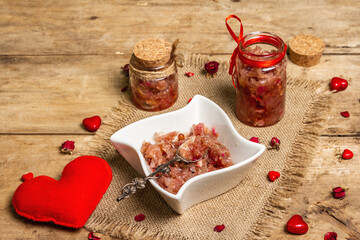 Rose petal jam with romantic decoration