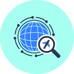 Airplane search icon. world travel airplane icon. find airplane schedule and ticket icon with vector illustration and flat style.
