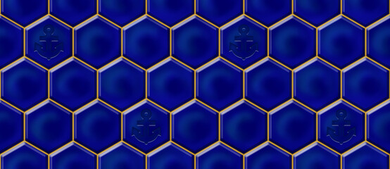 Blue tiles. Anchor. Decor tiles. Navy. Nautical. 3D rendering seamless pattern for ceramic tiles for 3D project. Tile design for bathroom and kitchen. Geometric decor. Pool. Luxury interior.