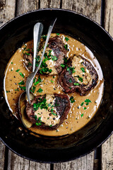 Steak with peppercorn sauce..selective focus.
