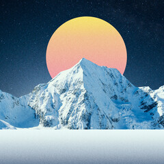 Orange planet behind snowly mountain in the night. Collage with cosmos and astronomy theme....