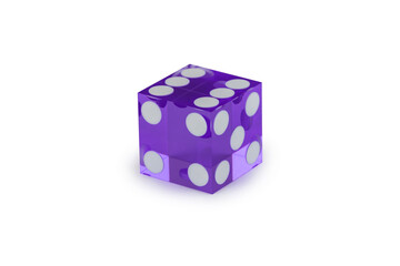 One purple glass dice isolated on white with light shadow. The result is six, macro photography. Blank for the designer.