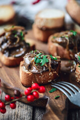 Rabbit liver crostini appetizer.style rustic
