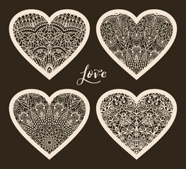 Set of 4 Valentine card or Wedding Invitation with lace pattern. Layout congratulatory card with carved openwork pattern. Pattern suitable for laser cutting, plotter cutting or printing	
