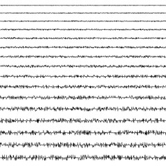 set of horizontal line doodles of seismic waves of the vibrational form of an earthquake with a random frequency and amplitude, a vector seismogram that registers earths vibrations