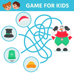 Find the shortest way to snowman hat. Color maze or labyrinth game for preschool children. Puzzle. Cute snowman. Children funny riddle entertainment for the development of logical thinking.