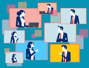 Online working in computer windows. Virtual business meeting concept