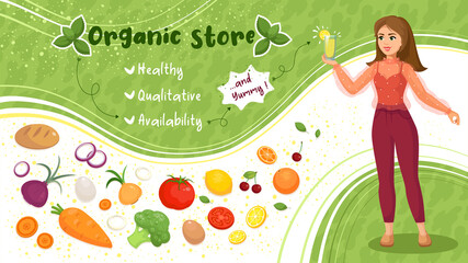 Banner of Organic food store with concept, and character
