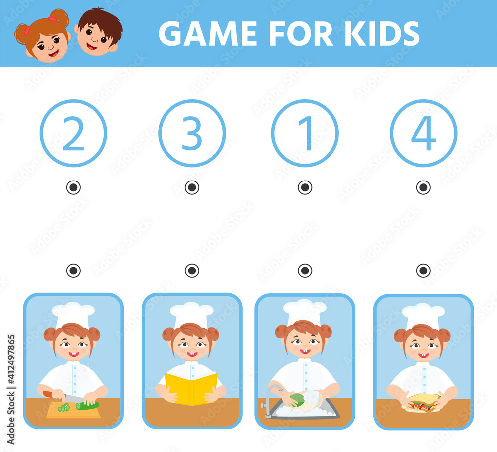 Wall mural Education logic game for preschool kids. Kids activity sheet. Reorder the sandwich making steps. Cook. Children funny riddle entertainment. Vector illustration