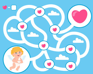 Game for children. Valentine's Day. Help Cupid find hearts. Kids activity sheet. Maze puzzle. How many hearts will cupid collect. Vector illustration