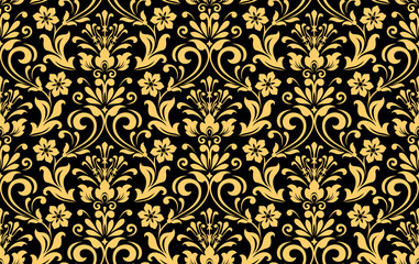 Wallpaper in the style of Baroque. Seamless vector background. Black and gold floral ornament. Graphic pattern for fabric, wallpaper, packaging. Ornate Damask flower ornament