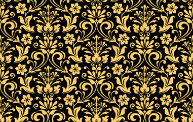 Wallpaper in the style of Baroque. Seamless vector background. Black and gold floral ornament. Graphic pattern for fabric, wallpaper, packaging. Ornate Damask flower ornament