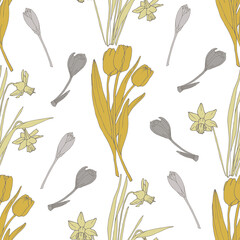 Vector yeloow and grey spring flowers repeat pattern background